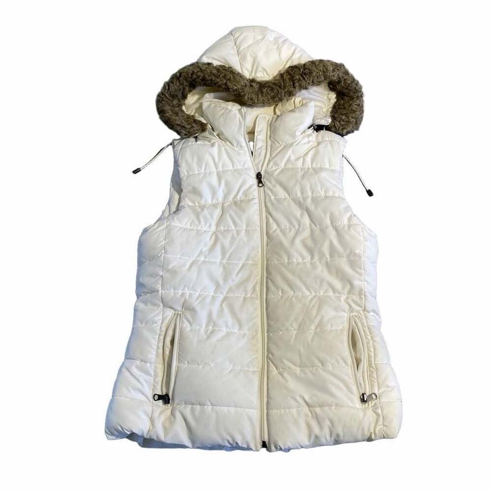 Banana Republic Puffer Vest Size S White Faux Fur Hood Quilted Full Zip